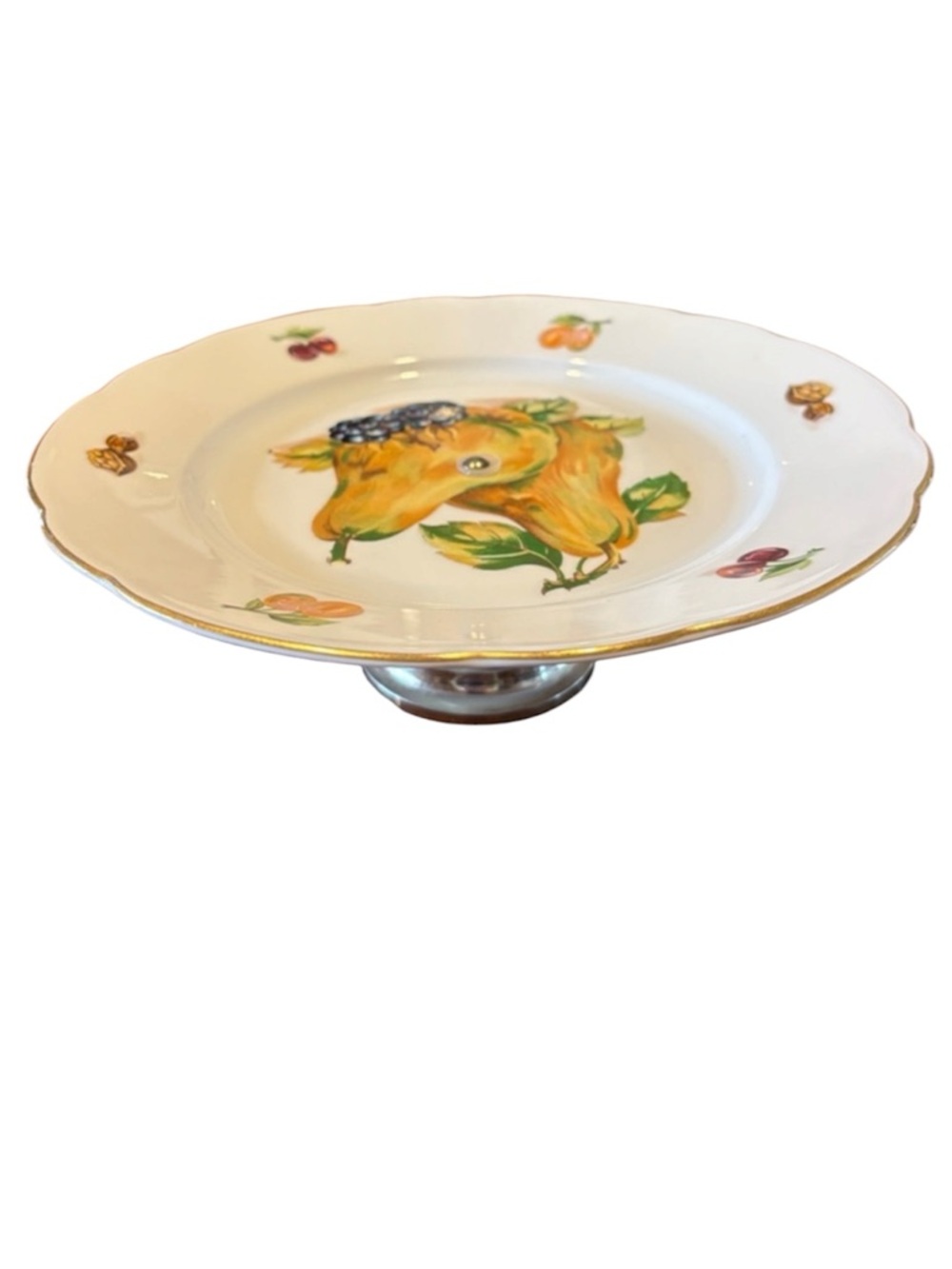 Vintage MZ Czechoslovakia Pedestal Cake Stand 9.5” – Gold Trim – Fruit Design